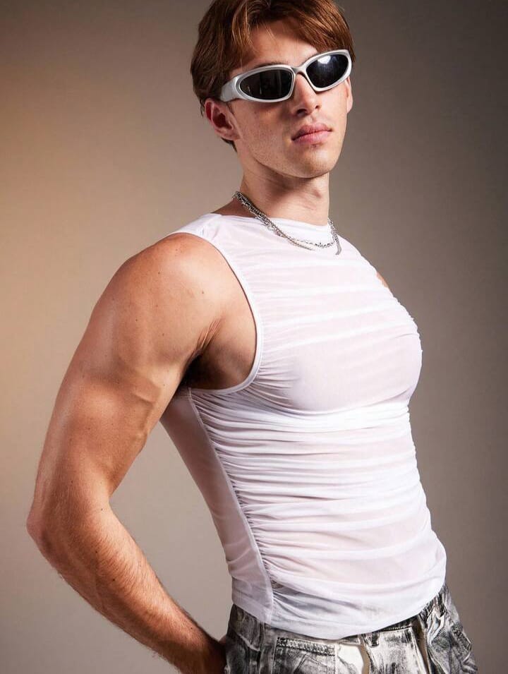 Men's mesh sheer ,ruched design,slim fit men's tank top